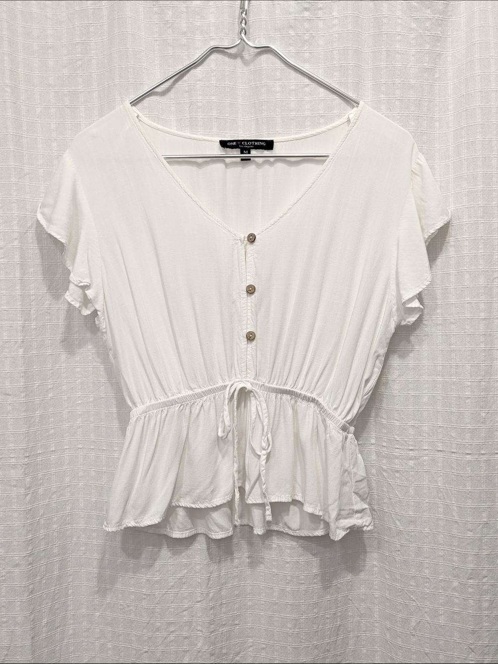 one clothing White V-Neck Button Front Peplum Top